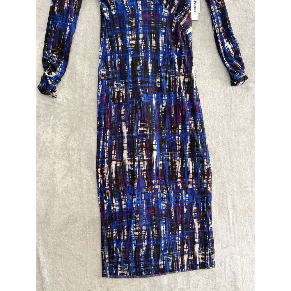 DKNY Mesh Midi Dress Womens Blue Abstract Ruched Long Sleeve 4 NWT - Picture 4 of 11